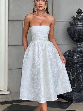 BabyBoo Strapless White Jacquard Midi Dress